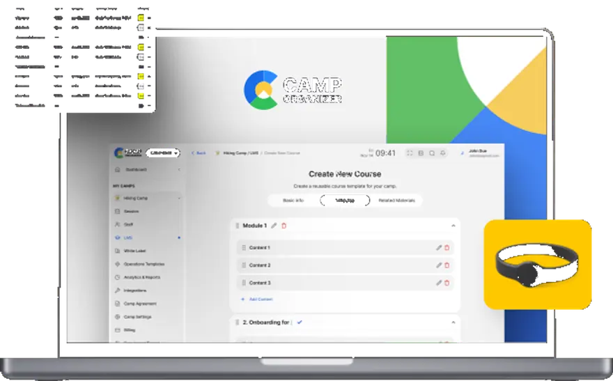 CampOrganizer course builder on laptop with NFC wristband