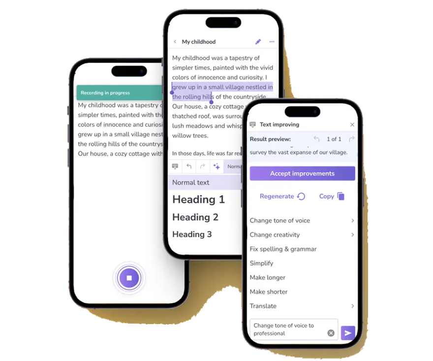 Voice recording, transcription and AI editing