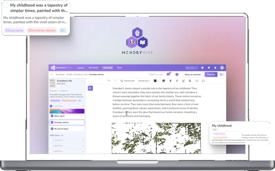 Memory Hive app on laptop with story cards