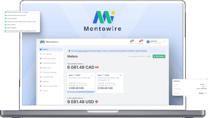 Montowire wallets dashboard on laptop